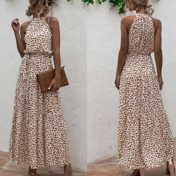 Boho cream brown dot belted halter maxi dress - Picture 1 of 8